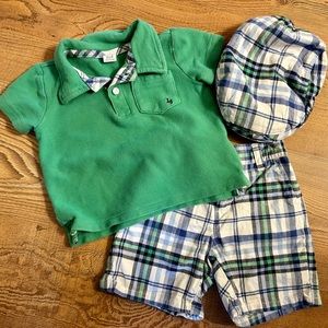 Janie & Jack 3 piece outfit shorts polo hat GREEN size 12-18MN